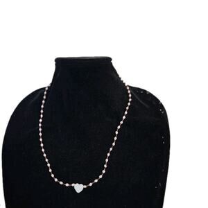 14K Gold Freshwater Pearl Mother Of Pearl Heart Wire Garnet Necklace 10.2"